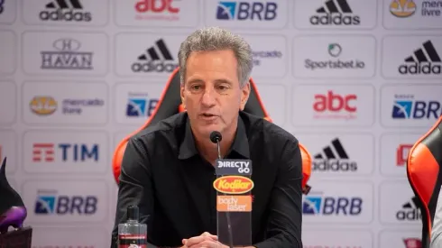 Foto: Alexandre Vidal/Flamengo – Rodolfo Landim em entrevista coletiva no Ninho do Urubu