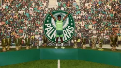 Endrick segurando bandeira do Palmeiras ao lado de troféus conquistados Foto: César Greco/Palmeiras