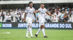 Gil e Joaquim jogadores do Santos durante partida contra o Brusque no estadio Vila Belmiro pelo campeonato Brasileiro B 2024. Foto: Reinaldo Campos/AGIF