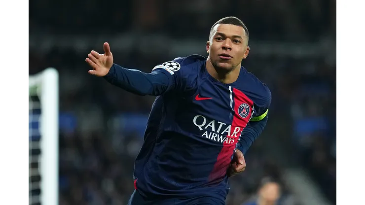 Mbappé comemorando gol do PSG contra a Real Sociedad pela Champions League 2024 (Photo by Alex Caparros/Getty Images)