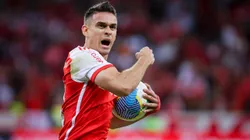 Borre jogador do Internacional comemora seu gol durante partida contra o Atletico-GO no estadio Beira-Rio pelo campeonato Brasileiro A 2024. Foto: Maxi Franzoi/AGIF