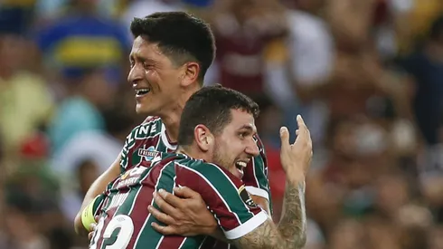 RIO DE JANEIRO, BRAZIL - NOVEMBER 4: Nino of Fluminense hugs German Cano of Fluminense after winning the final match of Copa CONMEBOL Libertadores 2023 between Fluminense and Boca Juniors at Maracana Stadium on November 4, 2023 in Rio de Janeiro, Brazil. (Photo by Ricardo Moreira/Getty Images)