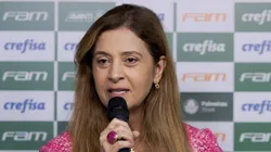 SP - SAO PAULO - 15/01/2024 - PALMEIRAS, APRESENTACAO CAIO PAULISTA - A presidente do palmeiras leila pereira fala aos jornalistas durante apresentacao oficial de Caio Paulista como jogador do Palmeiras em coletiva de imprensa realizada no CT Barra Funda.