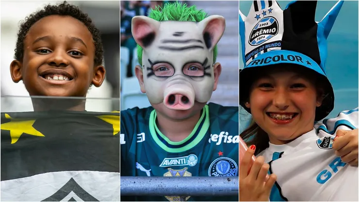 Torcedores crianças nos estádios do Brasil. Foto: Fernando Moreno/ Ettore Chiereguini/AGIF; Divulgação/Grêmio