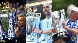 Mourinho, Guardiola e Ancellotti com taças de campeonatos nacionais. Fotos: Naomi Baker/Mike Hewitt/Florencia Tan Jun/Getty Images
