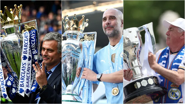 Mourinho, Guardiola e Ancellotti com taças de campeonatos nacionais. Fotos: Naomi Baker/Mike Hewitt/Florencia Tan Jun/Getty Images