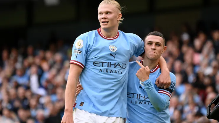 Haaland e Foden comemorand gol na Premier League . (Foto:Michael Regan/Getty Images)