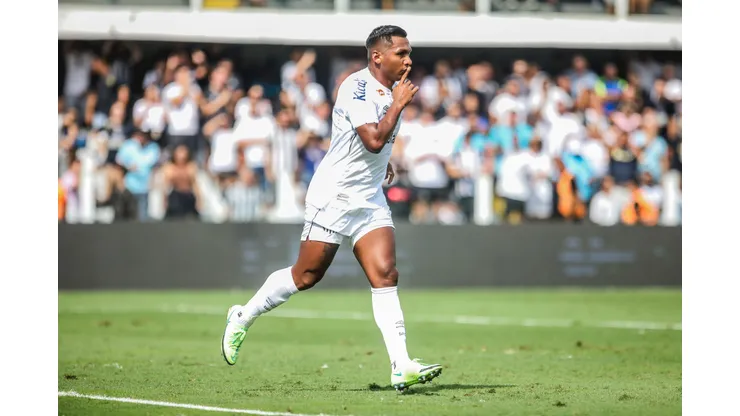 Morelos jogador do Santos comemora seu gol durante partida contra o Brusque. Foto: Reinaldo Campos/AGIF