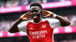 Saka comemorando gol feito contra o Tottenham pela Premier League 2023/ 2024 (Foto: Clive Rose/Getty Images)