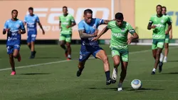 Foto: Cesar Greco/Palmeiras - Bruno Rodrigues e Dudu participaram de jogo-treino do Palmeiras contra o São Bento neste sábado (18)