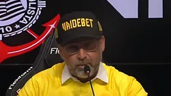 Augusto Melo em coletiva de imprensa no mês de janeiro. Dirigente fecha negócio com empresa. Foto: Reprodução/ Youtube Corinthians TV.