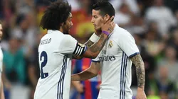 Marcelo e James Rodríguez se abraçam, jogando pelo Real Madrid, em 2017. Foto: David Ramos/Getty Images.