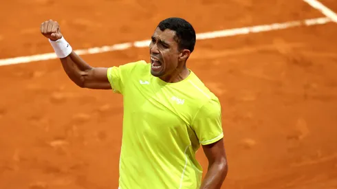 MADRID, SPAIN - APRIL 27: Thiago Monteiro of Brazil celebrates match point against Stefanos Tsitsipas of Greece in the Men's Singles Round of 64 match during Day Five of the Mutua Madrid Open at La Caja Magica on April 27, 2024 in Madrid, Spain. (Photo by Clive Brunskill/Getty Images)