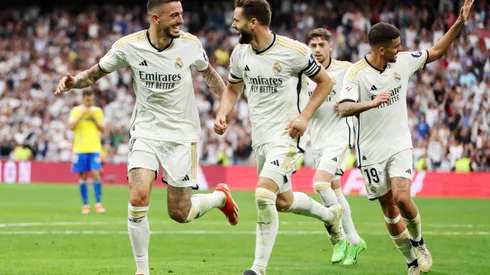 Comemoração de gol no Bernabéu na partida que definiu o título espanhol. (Foto de Florencia Tan Jun/Getty Images)