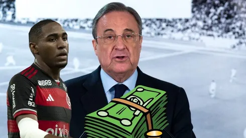 Florentino Pérez ataca para comprar Lorran, destaque do Mengão Fotos: Gonzalo Arroyo Moreno/Getty Images e Jorge Rodrigues/AGIF