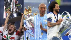 Rafinha, Fernandinho e Marcelo com taças conquistadas nos clubes que jogaram. Foto: Ettore Chiereguini/AGIF; Michael Regan/ Shaun Botterill/Getty Images