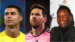 Cristiano Ronaldo, Messi e Pelé. Fotos: Yasser Bakhsh/Robert Cianflone/Maddie Meyer/Getty Images