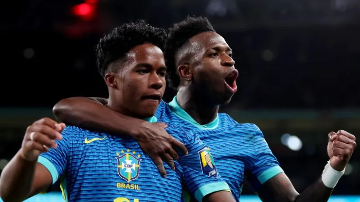 Vini e Endrick pela Seleção Brasileira na Copa América Foto: Catherine Ivill/Getty Images