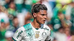 Richard Rios, jogador do Palmeiras, durante partida contra o Novorizontino no estadio Jorge Ismael de Biasi pelo campeonato Paulista 2024. Foto: Pedro Zacchi/AGIF