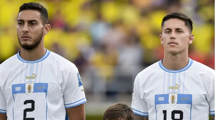 BARRANQUILLA, COLOMBIA - OCTOBER 12: Sebastian Caceres and Brian Rodriguez of Uruguay look on prior the FIFA World Cup 2026 Qualifier match between Colombia and Uruguay at Roberto Melendez Metropolitan Stadium on October 12, 2023 in Barranquilla, Colombia. (Photo by Gabriel Aponte/Getty Images)