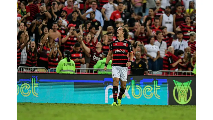 David Luiz jogador do Flamengo comemora seu gol durante partida contra o Bahia. Foto: Thiago Ribeiro/AGIF