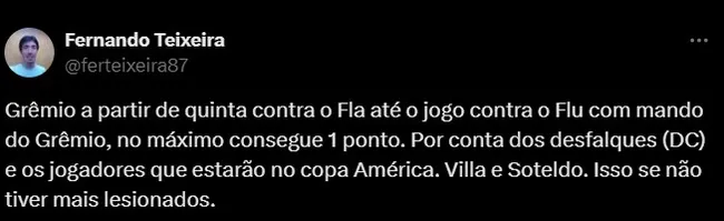 Torcedor do Grêmio opinando sobre jogos sem Soteldo e outros desfalques. Foto: Reprodução/ Twitter