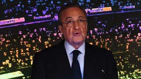 Florentino Pérez, presidente do Real Madrid, quando anunciou o retorno do ex-jogador Zinedine Zidane como treinador da equipe, no dia 11/03/2019. Foto: Denis Doyle/Getty Images