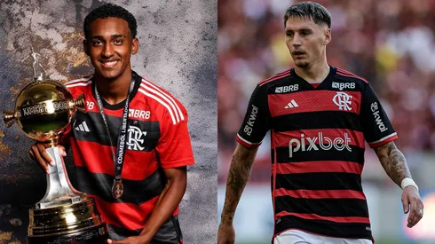 À esquerda, o garoto Lucyan. Foto: rede social X / Fla Base. Foto Varela: Thiago Ribeiro/AGIF