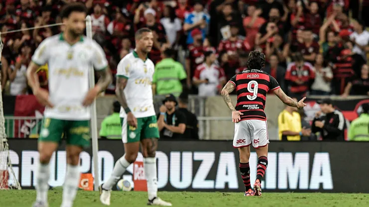 Pedro jogador do Flamengo comemora seu gol durante partida contra o Palmeiras no estadio Maracana pelo campeonato Brasileiro A 2024.