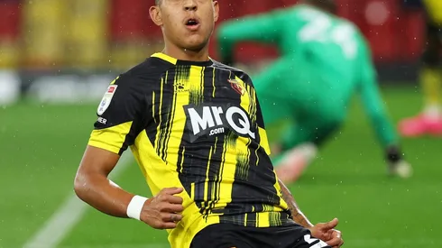 WATFORD, ENGLAND - SEPTEMBER 20: Matheus Martins of Watford celebrates after scoring the team's second goal during the Sky Bet Championship match between Watford and West Bromwich Albion at Vicarage Road on September 20, 2023 in Watford, England. (Photo by Richard Heathcote/Getty Images)