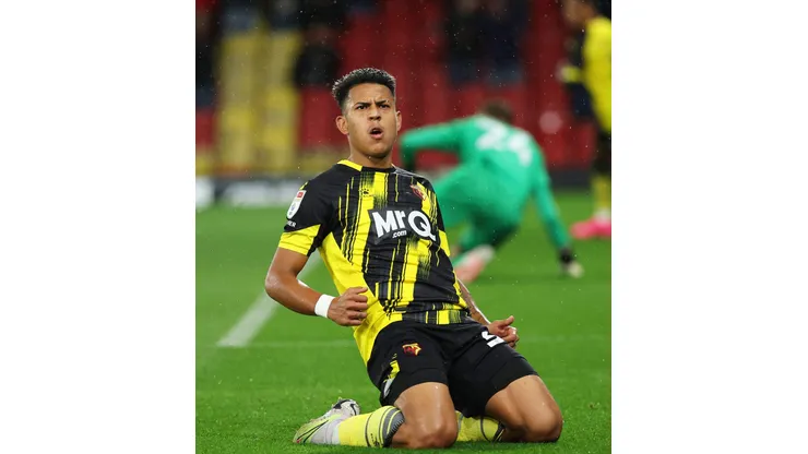 WATFORD, ENGLAND - SEPTEMBER 20: Matheus Martins of Watford celebrates after scoring the team's second goal during the Sky Bet Championship match between Watford and West Bromwich Albion at Vicarage Road on September 20, 2023 in Watford, England. (Photo by Richard Heathcote/Getty Images)