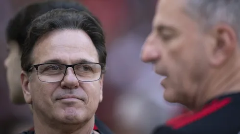 Rodolfo Landim presidente do Flamengo e Rodrigo Dunshee candidato a presidencia antes da partida contra o Atletico-GO no estadio Maracana pelo campeonato Brasileiro A 2024. Foto: Jorge Rodrigues/AGIF