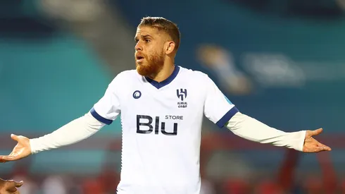 TANGER MED, MOROCCO - FEBRUARY 07: Gustavo Cuellar (r) of Al Hilal SFC alongside Saud Abdulhamid (l) during the FIFA Club World Cup Morocco 2022 Semi Final match between Flamengo v Al Hilal SFC at Stade Ibn-Batouta on February 07, 2023 in Tanger Med, Morocco. (Photo by Michael Steele/Getty Images)