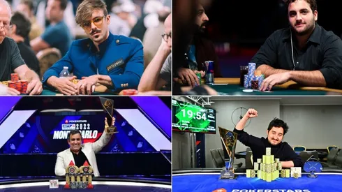 Yuri Martins, João Simão, Marcelo Mesqueu e Rodrigo Seiji, qual brasileiro teve o melhor resultado em 2022 no poker? (Fotos: Hayley Hochstetler, Danny Maxwell e Tomas Stacha/WSOP e PokerSars)