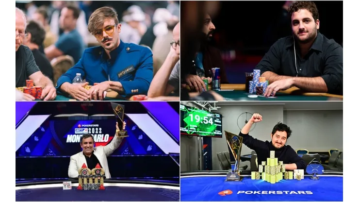 Yuri Martins, João Simão, Marcelo Mesqueu e Rodrigo Seiji, qual brasileiro teve o melhor resultado em 2022 no poker? (Fotos: Hayley Hochstetler, Danny Maxwell e Tomas Stacha/WSOP e PokerSars)