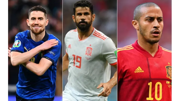 Stu Forster; David Ramos; Claudio Villa/Getty Images - Diego Costa, Jorginho e Thiago Alcântara