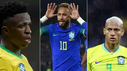 Dean Mouhtaropoulos/Getty Images; Pedro Vilela/Getty Images - Richarlisson, Neymar e Vini Jr. pela Seleção Brasileira
