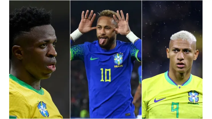 Dean Mouhtaropoulos/Getty Images; Pedro Vilela/Getty Images - Richarlisson, Neymar e Vini Jr. pela Seleção Brasileira