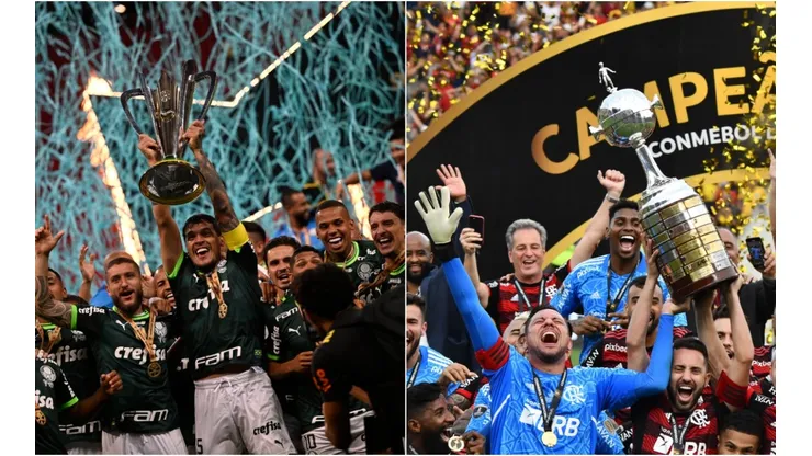 Foto: API/AGIF; Mateus Bonomi/AGIF - Palmeiras e Flamengo levantando taças