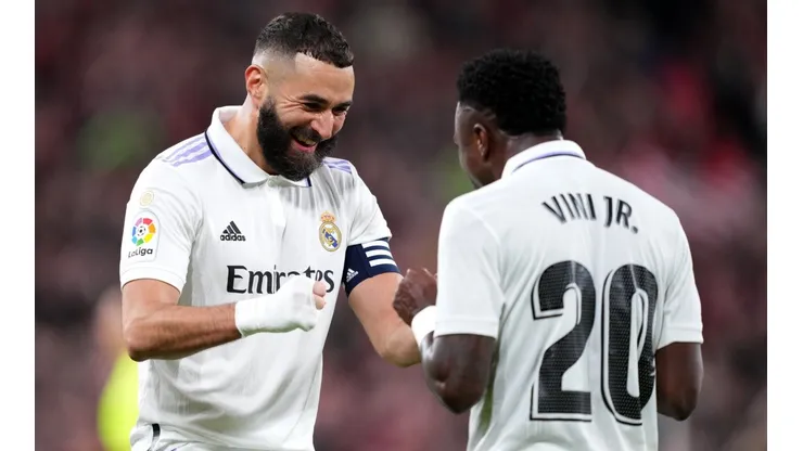 Foto: Juan Manuel Serrano Arce/Getty Images - Benzema e Vini Jr são craques do Real Madrid