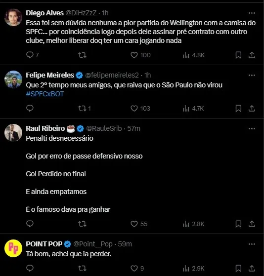 Torcida do São Paulo reage ao final de partida contra o Botafogo. Foto: Reprodução X.