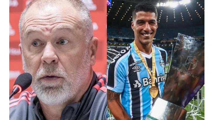 Fotos: Robson Mafra/AGIF e Lucas Uebel/Grêmio/Divulgação - Mano Menezes e Suárez: técnico do Inter falou sobre reforço do Grêmio