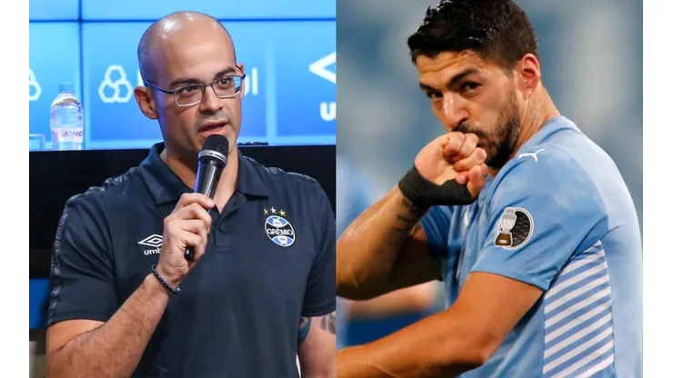 Fotos: Lucas Uebel/Grêmio/Divulgação e Miguel Schincariol/Getty Images/Brasil - Caleffi e Suárez: dirigente abriu o jogo sobre as negociações