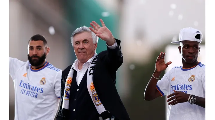 Foto: Gonzalo Arroyo Moreno/Getty Images - Benzema, Ancelotti e Vinícius Júnior