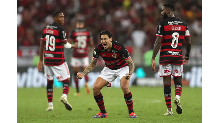 Pedro of Flamengo celebrates after scoring the first goal of his team during the match between Flamengo and Cuiaba