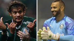 Montagem: fotos de Cesar Greco/Ag. Palmeiras - Scarpa "armou" zoeira no vestiário do Palmeiras e até Weverton caiu na gargalhada