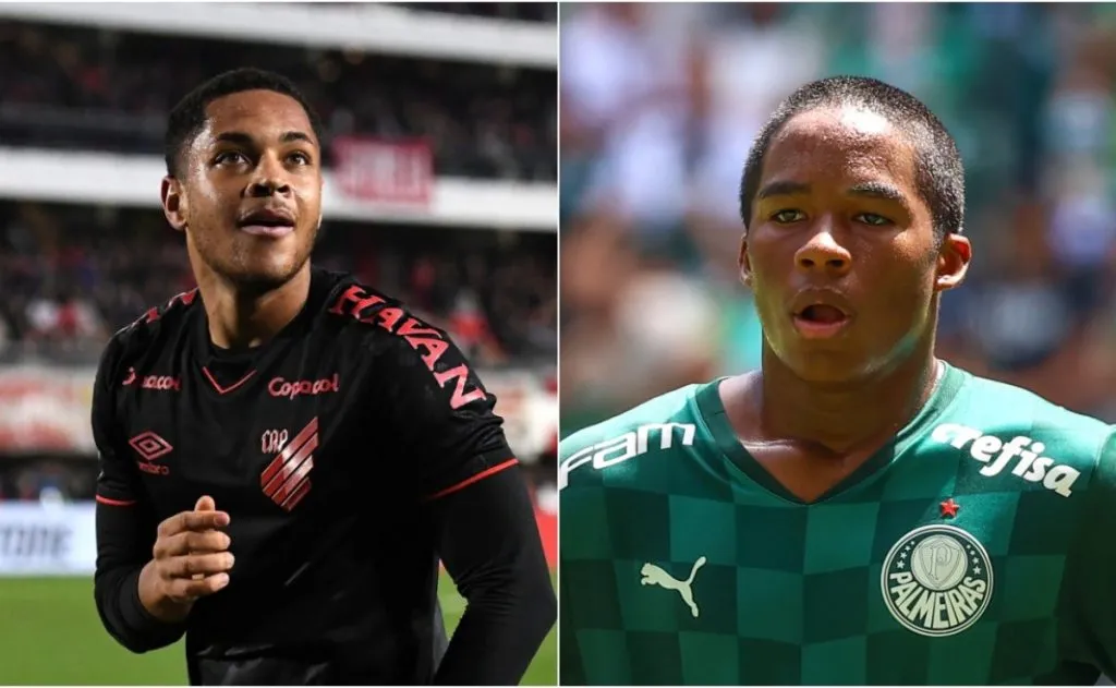 Marcelo Endelli/Getty Images; Foto: Marcello Zambrana/AGIF – Vitor Roque do Athletico e Endrick do Palmeiras