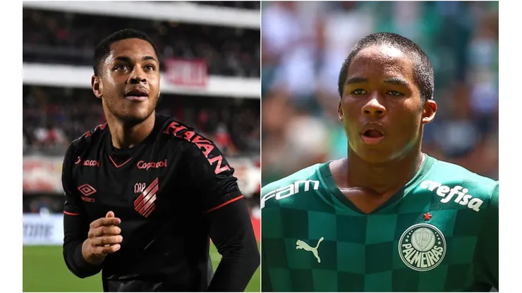 Marcelo Endelli/Getty Images; Foto: Marcello Zambrana/AGIF - Vitor Roque do Athletico e Endrick do Palmeiras