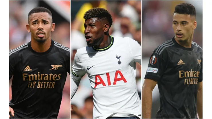 Michael Regan/Getty Images; Henry Browne/Getty Images; Christian Kaspar-Bartke/Getty Images - Gabriel Jesus e Martinelli do Arsenal, e Emerson do Tottenham
