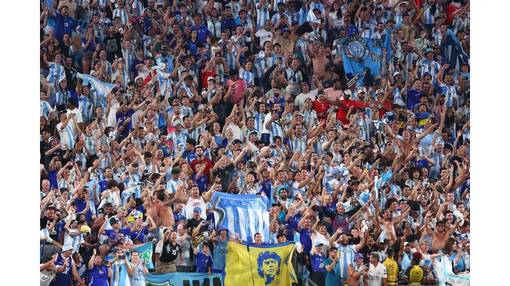 EAST RUTHERFORD, NEW JERSEY - JULY 09: Fans of Argentina cheer during the CONMEBOL Copa America 2024 semifinal match between Canada and Argentina at MetLife Stadium on July 09, 2024 in East Rutherford, New Jersey. (Photo by Maddie Meyer/Getty Images)